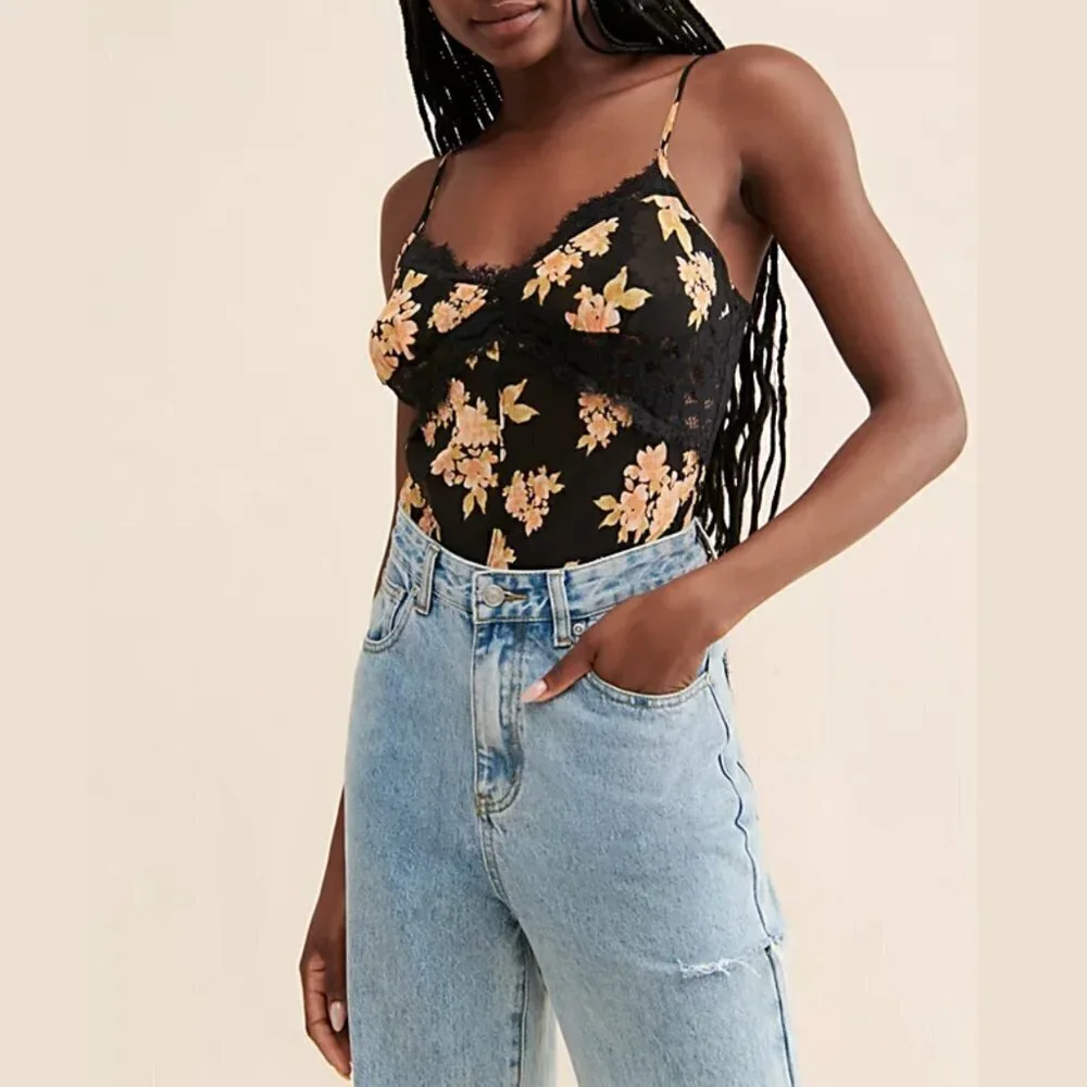 NWT Intimately Free People Monday Morning Floral Bodysuit in Antique Black Combo